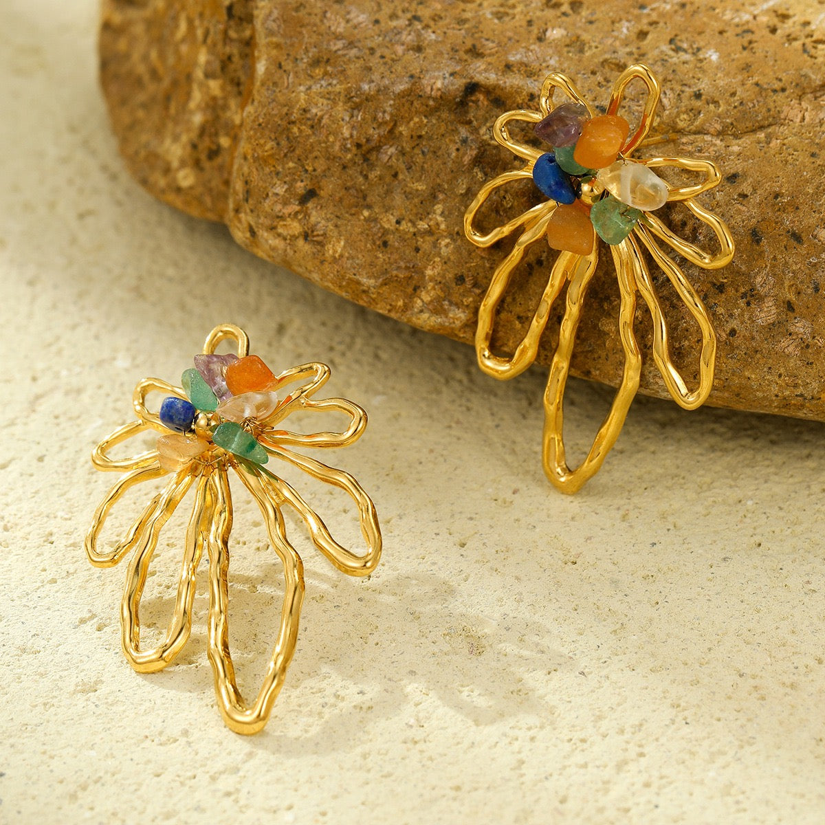 Natural Stone Petal Metal Earrings