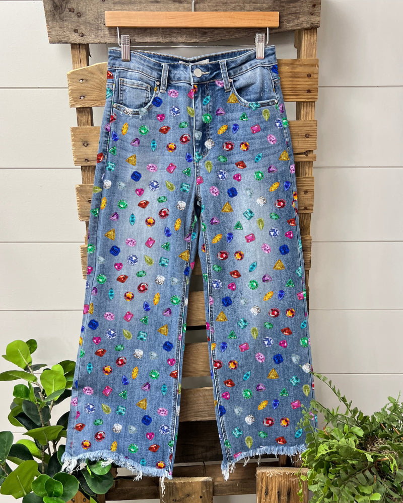 Mixed Colorful Gem Print Jeans