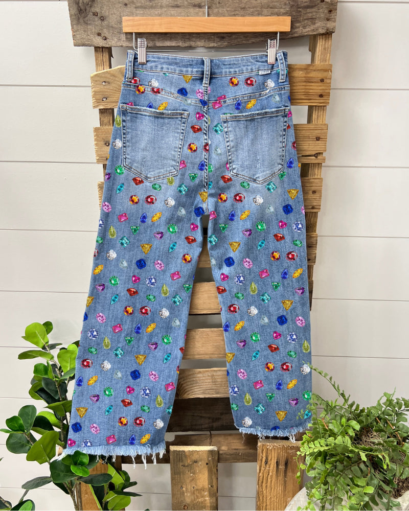 Mixed Colorful Gem Print Jeans