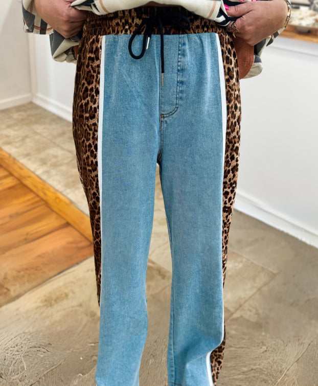 Leopard Print Patchwork Denim Pants