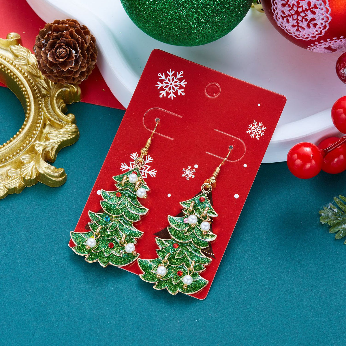 Glittery Pearl Christmas Tree Earrings