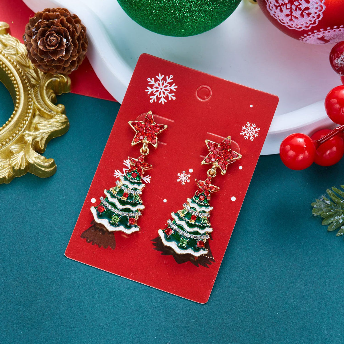 Glittery Pearl Christmas Tree Earrings