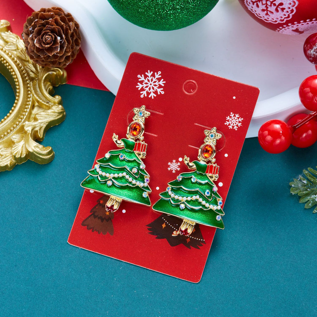 Glittery Pearl Christmas Tree Earrings
