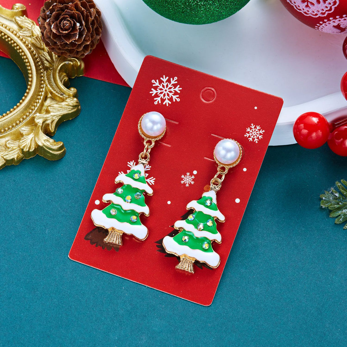 Glittery Pearl Christmas Tree Earrings