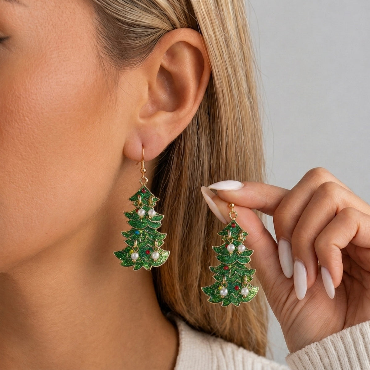 Glittery Pearl Christmas Tree Earrings