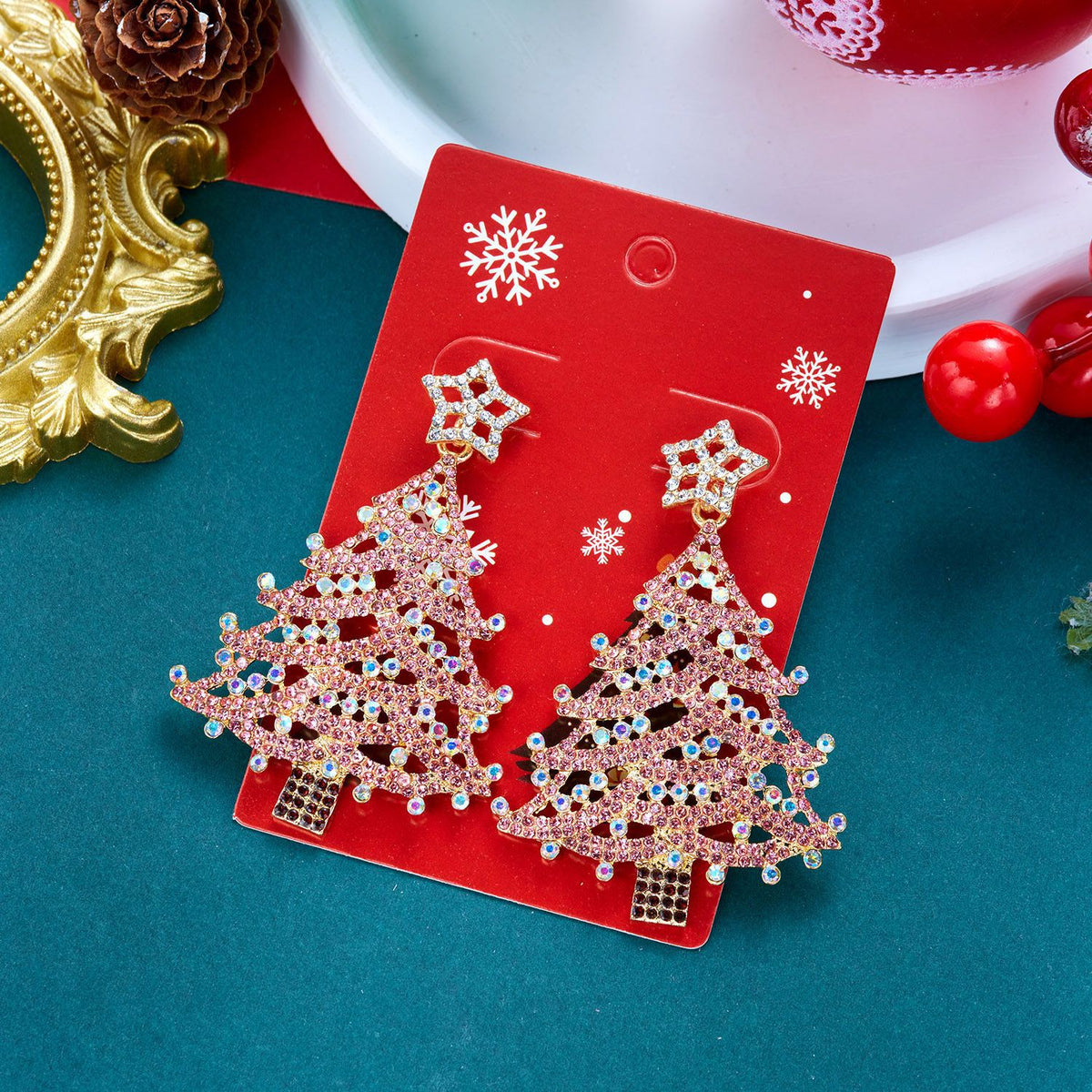 Glittery Pearl Christmas Tree Earrings