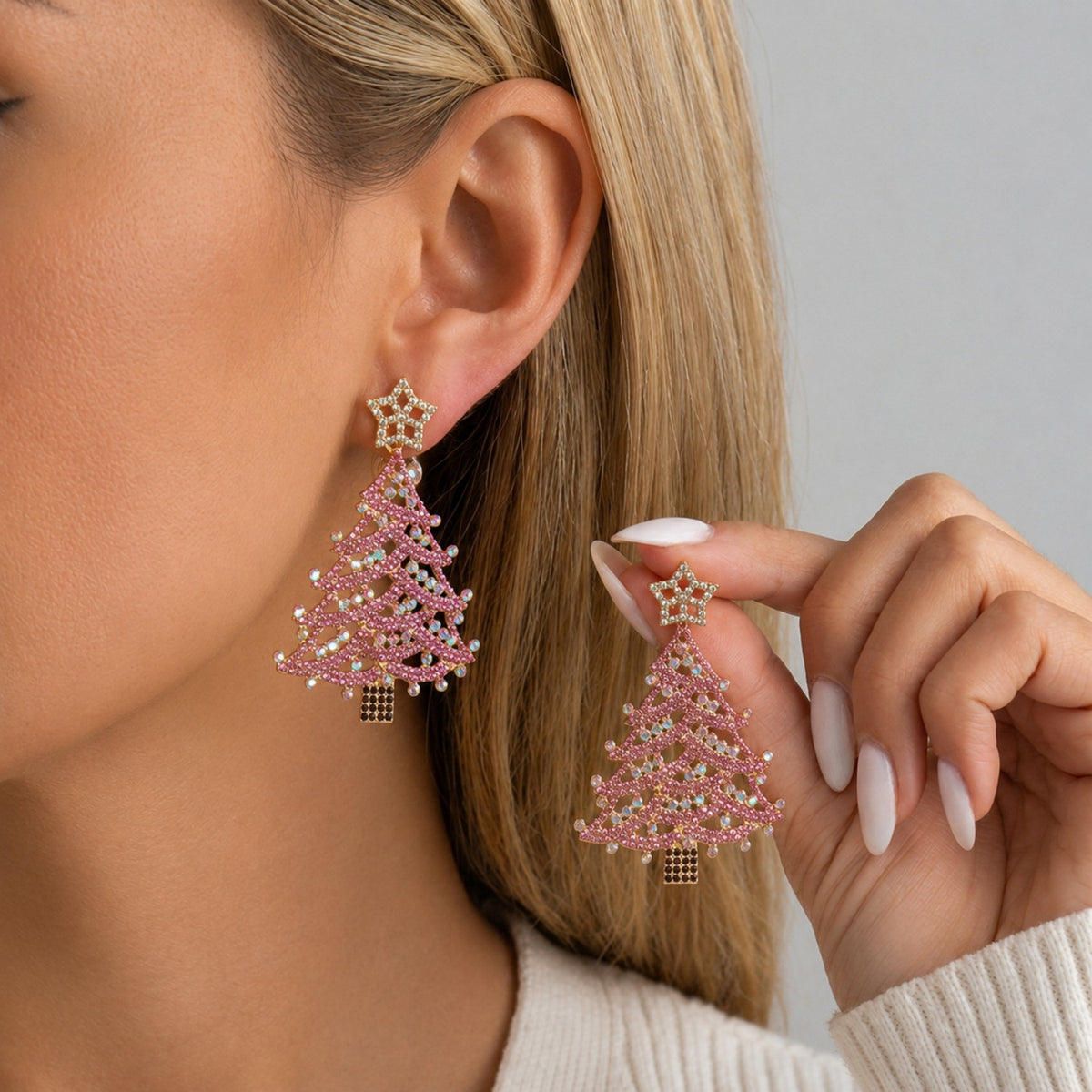 Glittery Pearl Christmas Tree Earrings