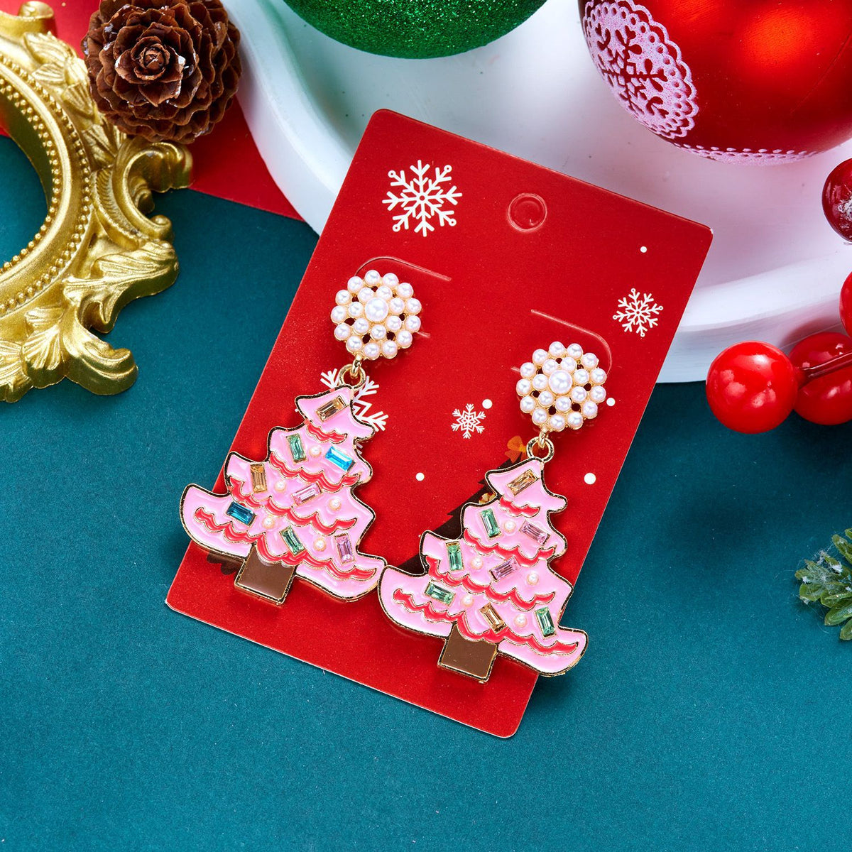 Glittery Pearl Christmas Tree Earrings