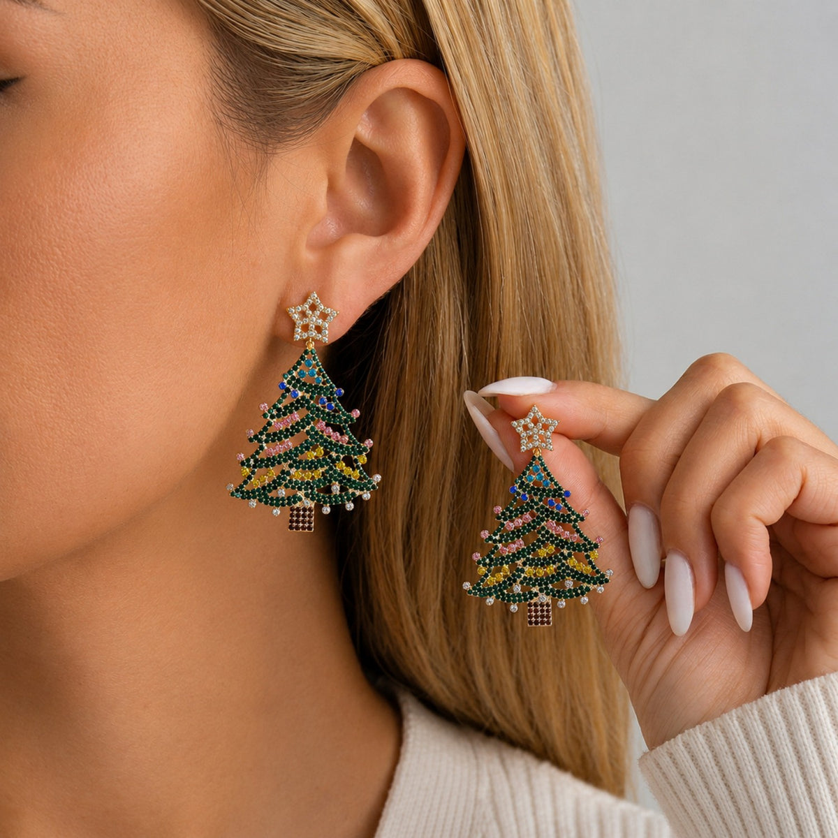 Glittery Pearl Christmas Tree Earrings