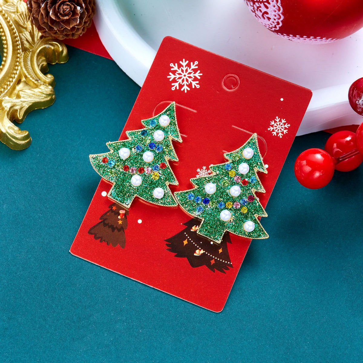 Glittery Pearl Christmas Tree Earrings