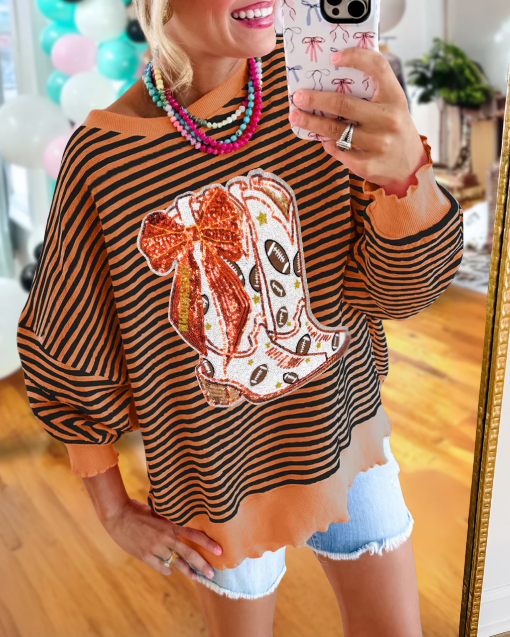 Football Cowboy Boot Sequined Striped Sweatshirt