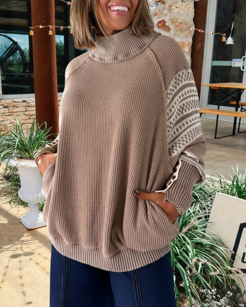 Waffle Turtleneck Ribbed Pullover