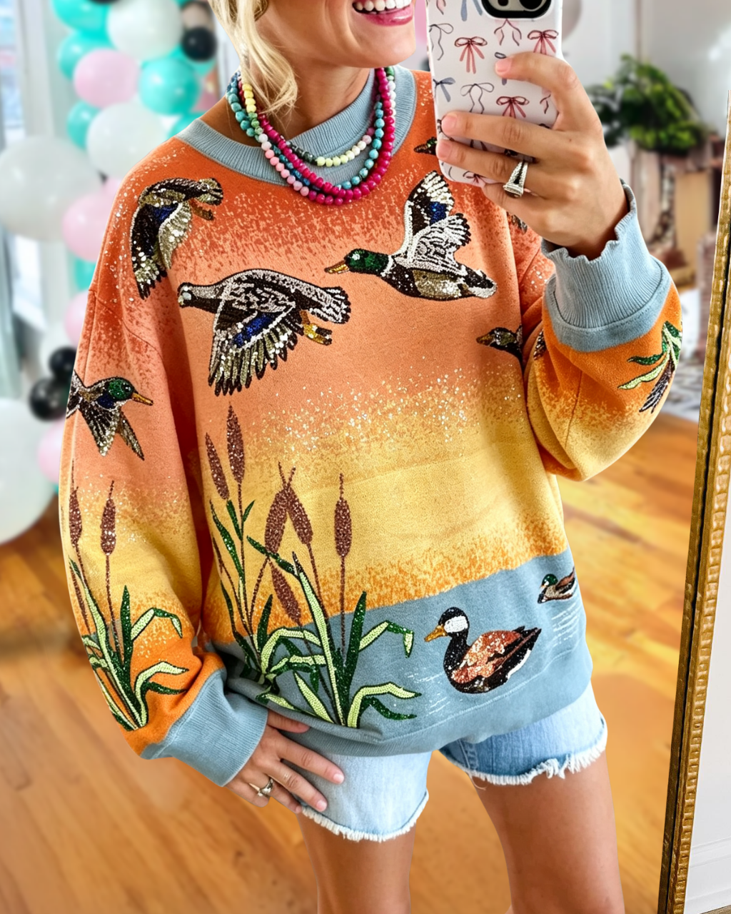 Mallard Duck Sequin Landscape Print Sweatshirt