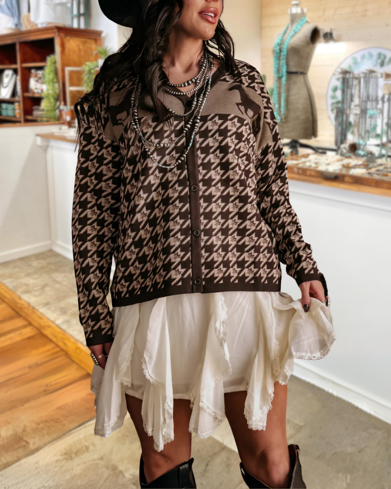 Stylish Houndstooth Horse Cardigan