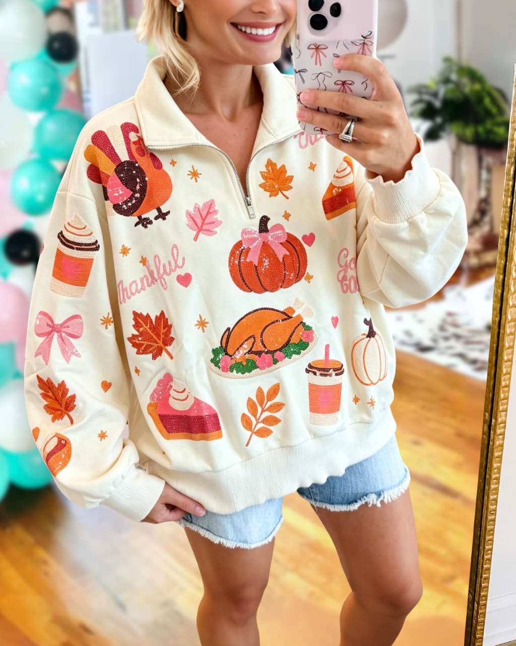 Fall Feast Graphic Sequin Quarter-Zip Pullover