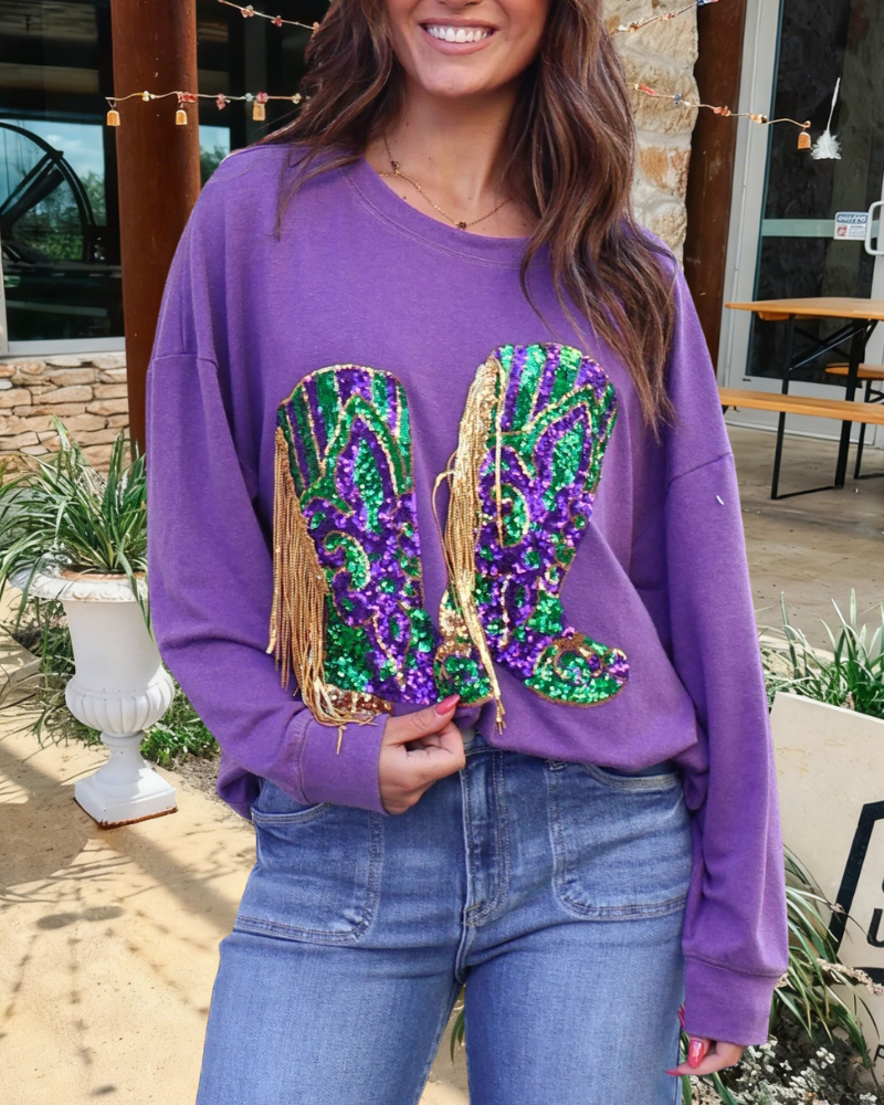 Mardi Gras Boots Sequined Top
