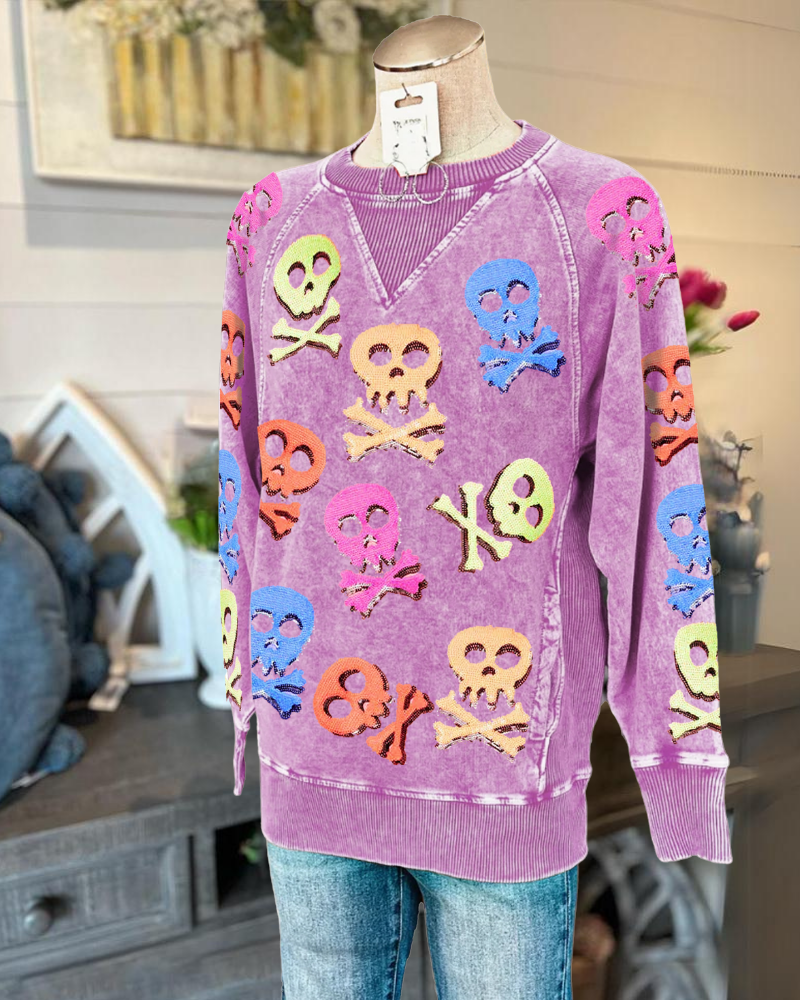 Fun Skull Print Washed Sweatshirt