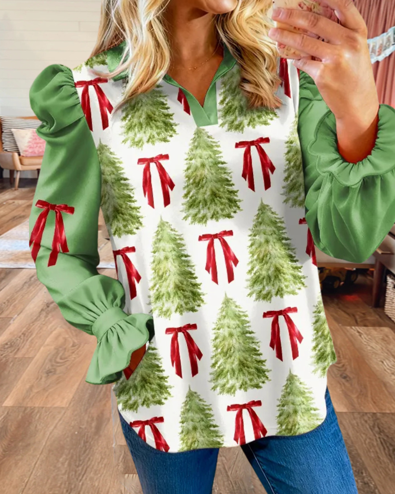 Christmas Tree Bow V-Neck Top