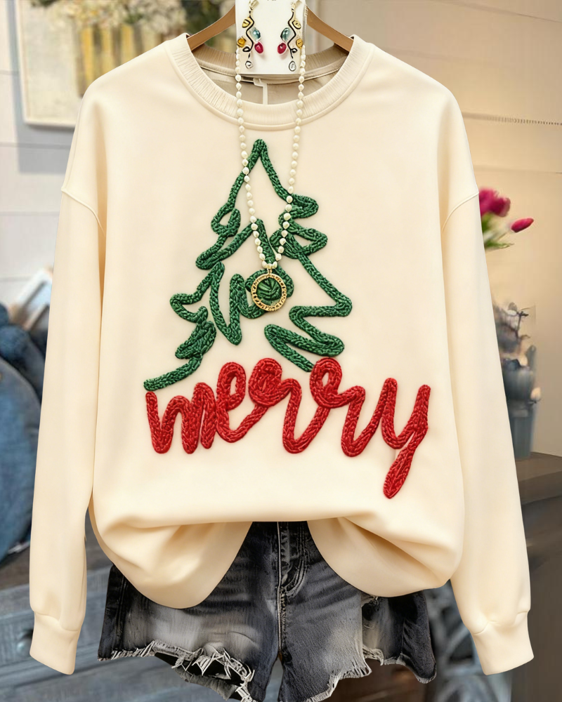 Merry Christmas Tree Embroidered Pullover