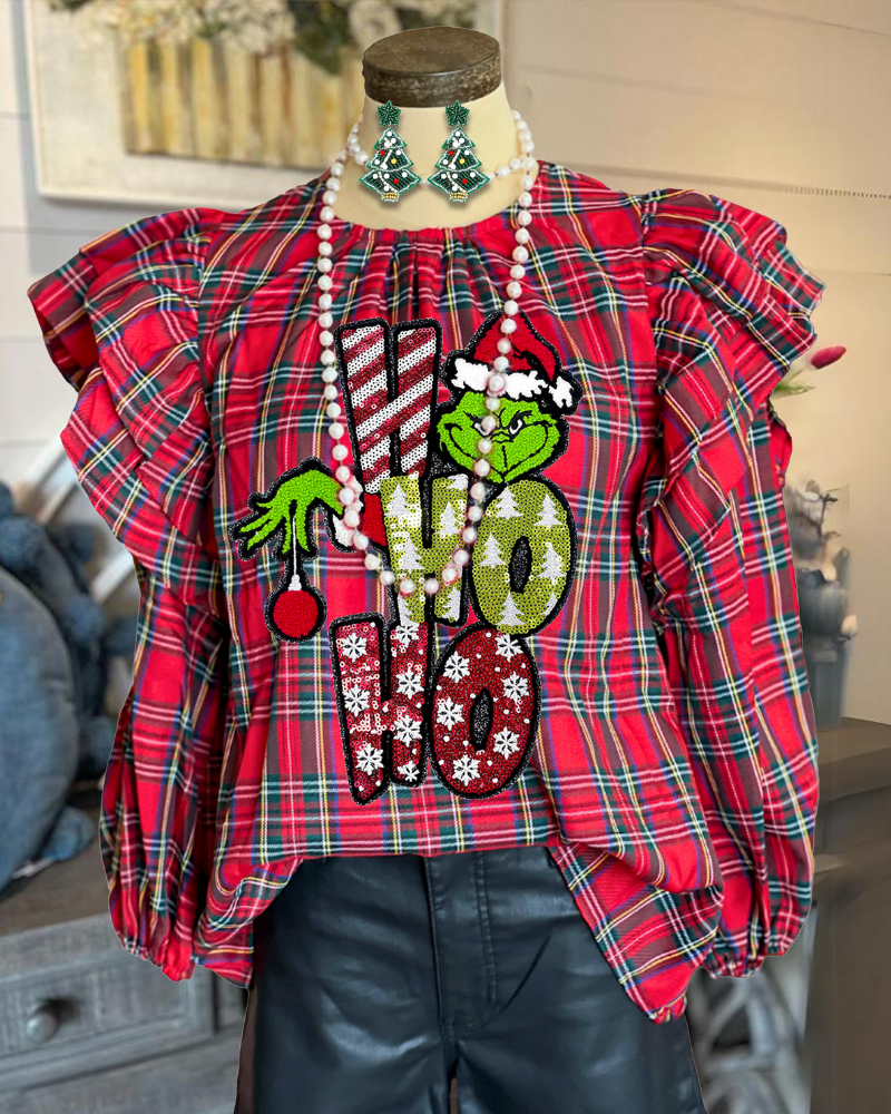 Sequin Grinch Plaid Ruffle Top