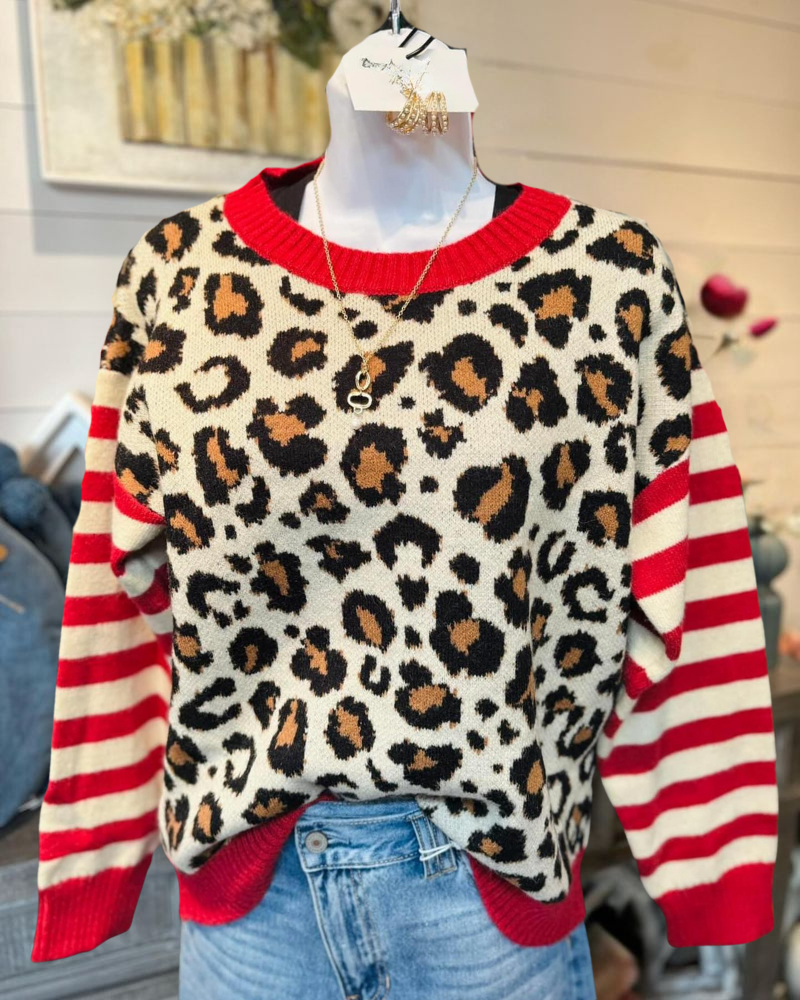 Leopard Stripe Crewneck Sweater
