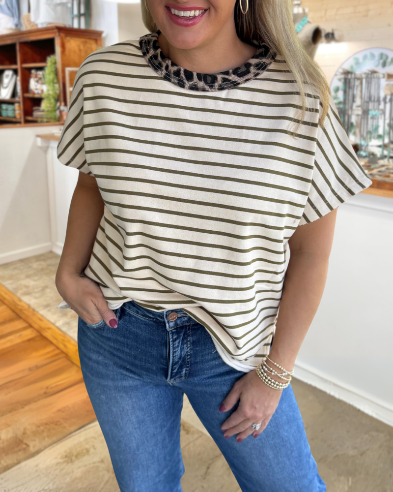 Leopard Trim Striped T-shirt