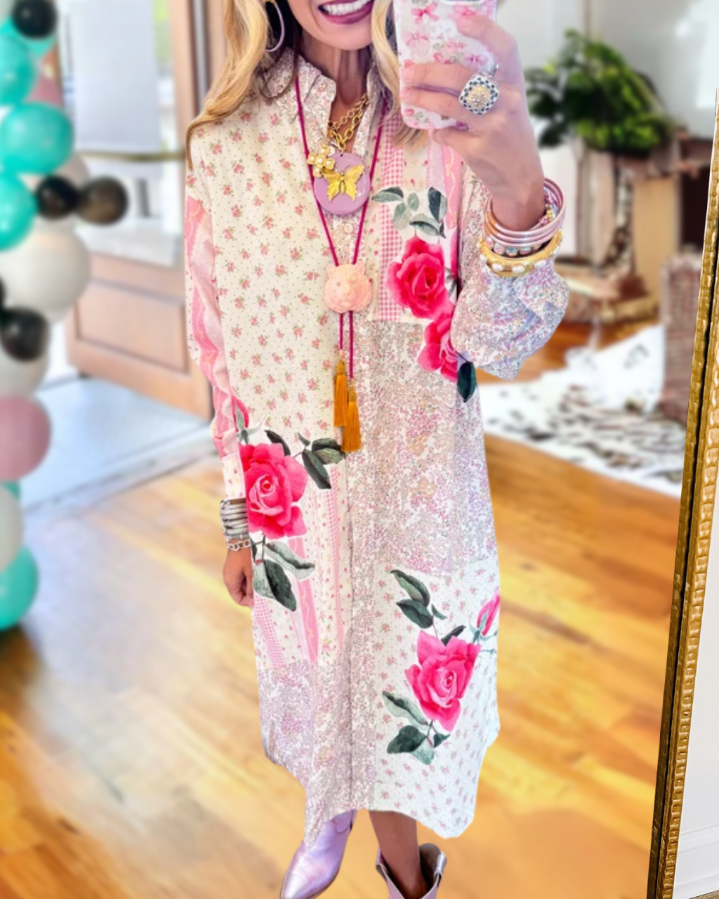 Charming Rose Print Shirt Dress