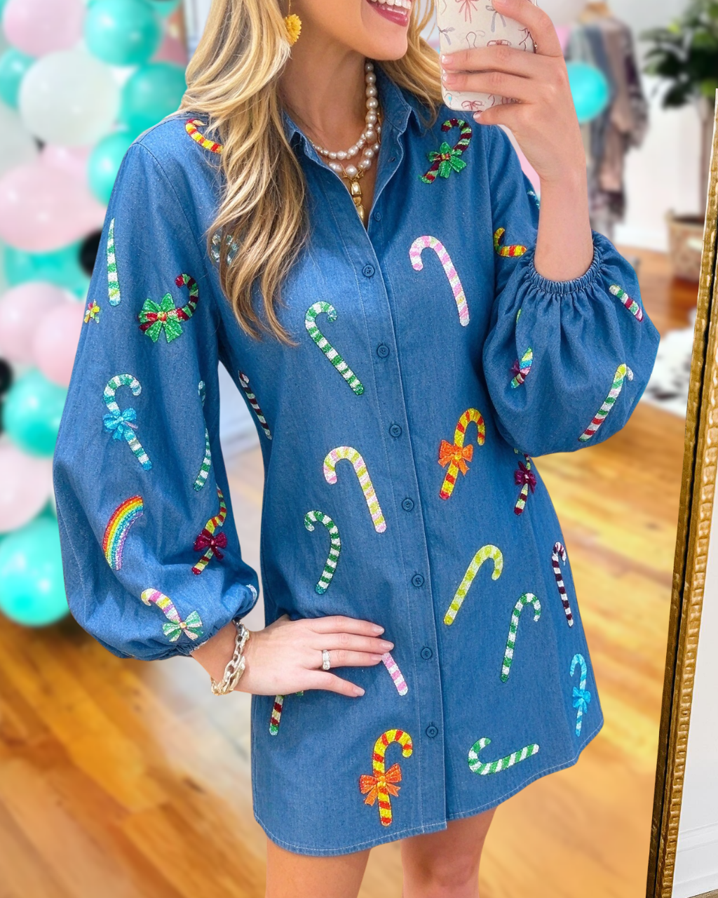 Christmas Candy Cane Sequined Denim Shirt