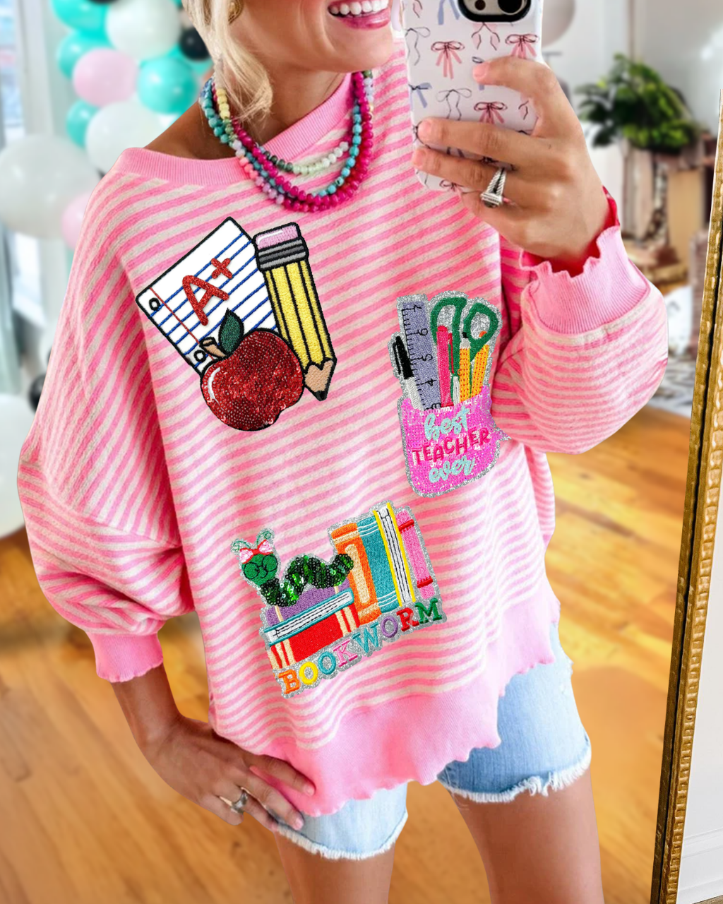 School Supplies Sequined Striped Sweatshirt