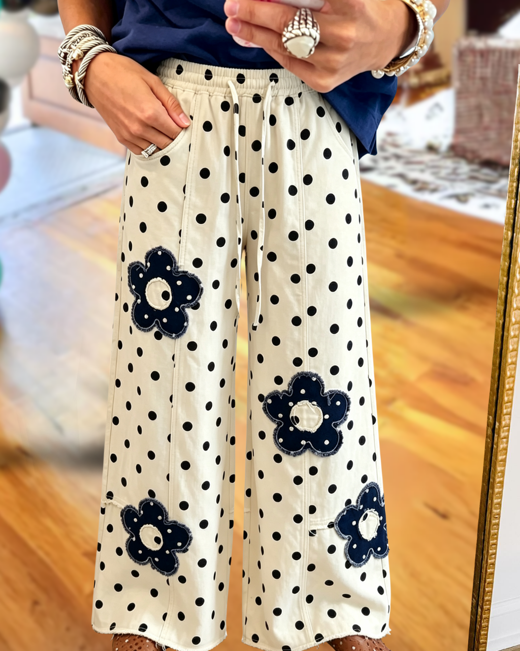 Floral Embroidered Patch Polka Dot Pants