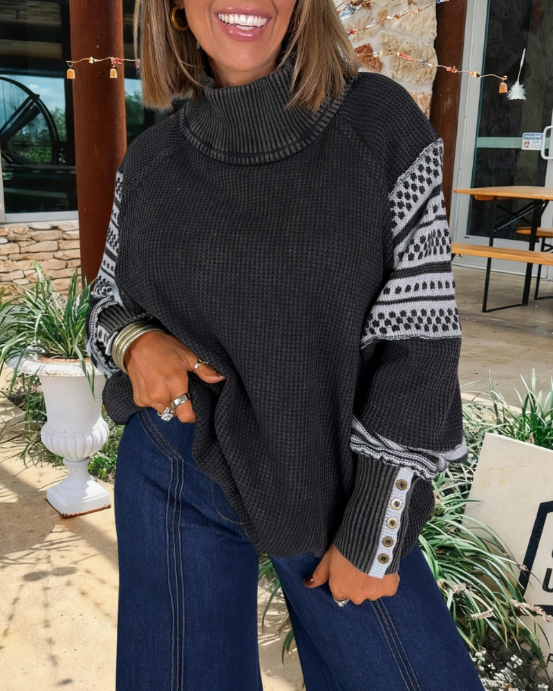 Waffle Turtleneck Ribbed Pullover