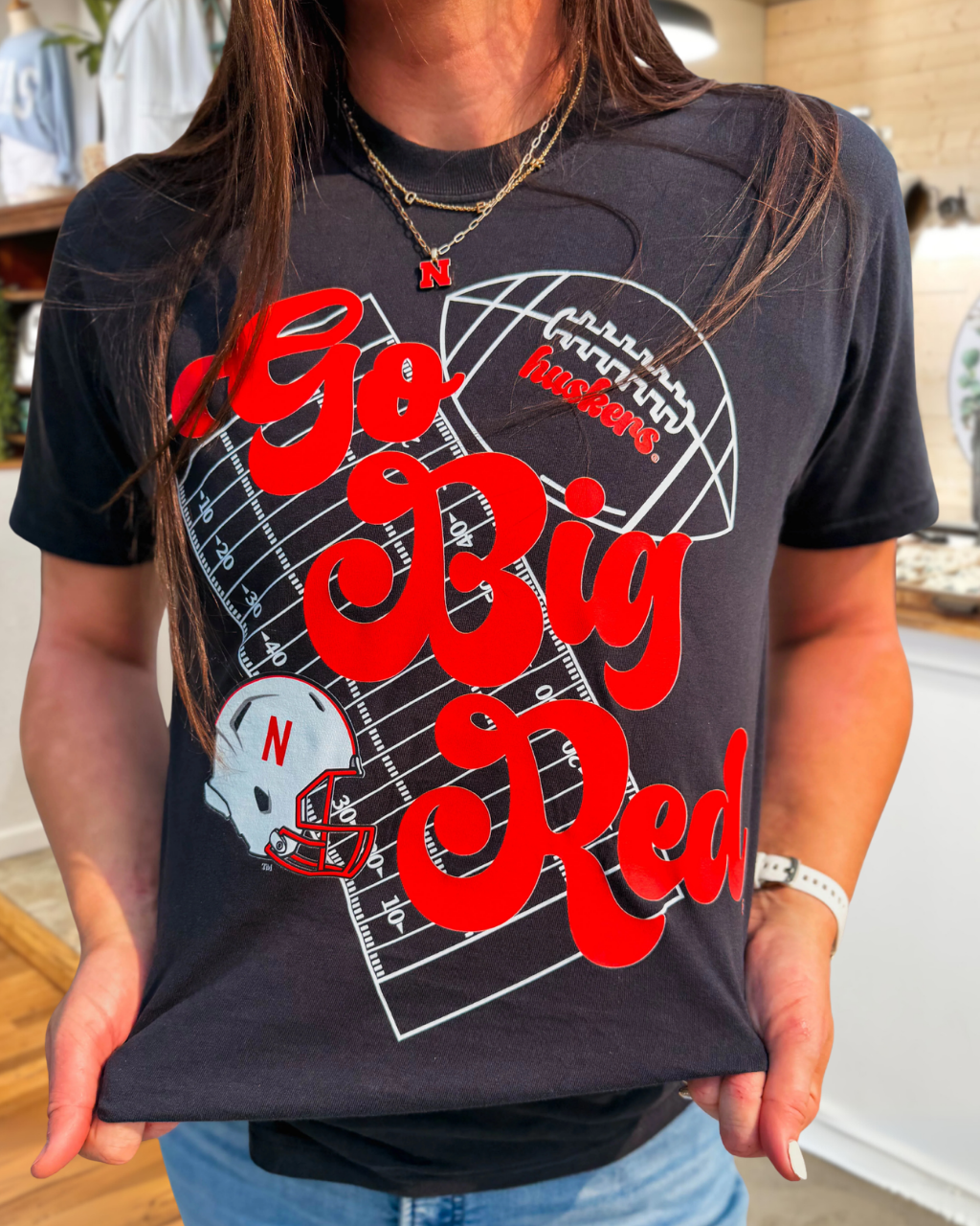 Go Big Red Football Print T-Shirt
