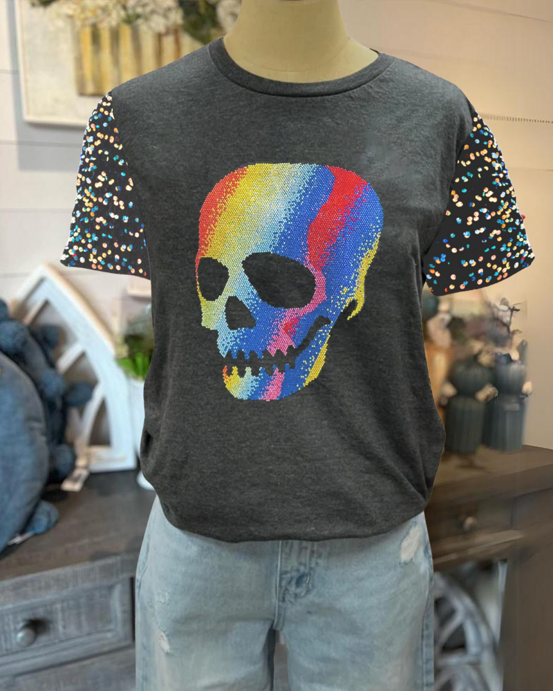 Stylish Rainbow Skull Sequin Sleeve Tee
