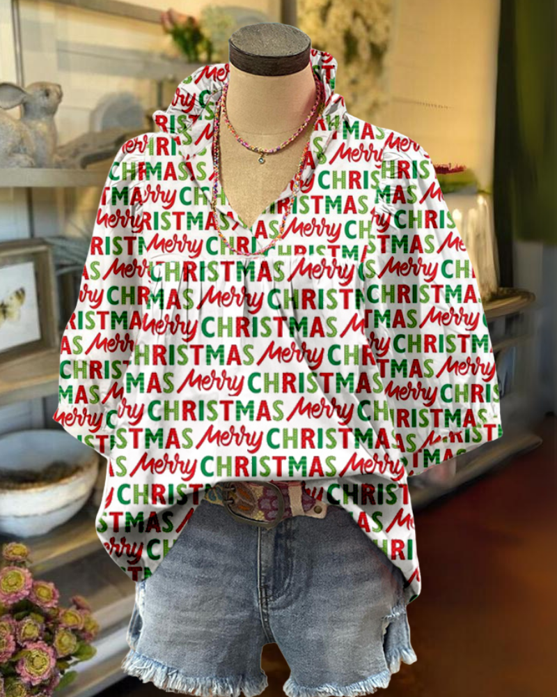 Merry Christmas Font V-Neck Top