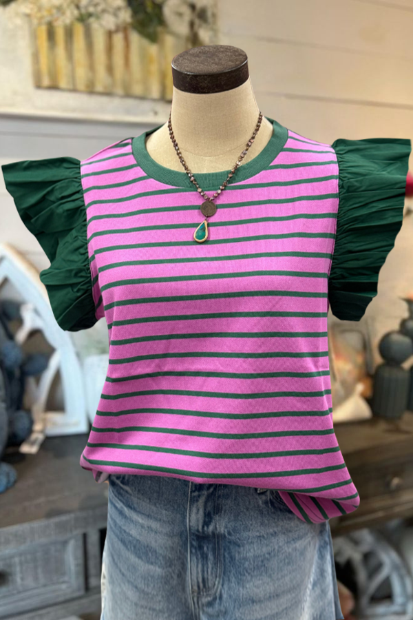 Hunter Green Ruffle Stripe Top