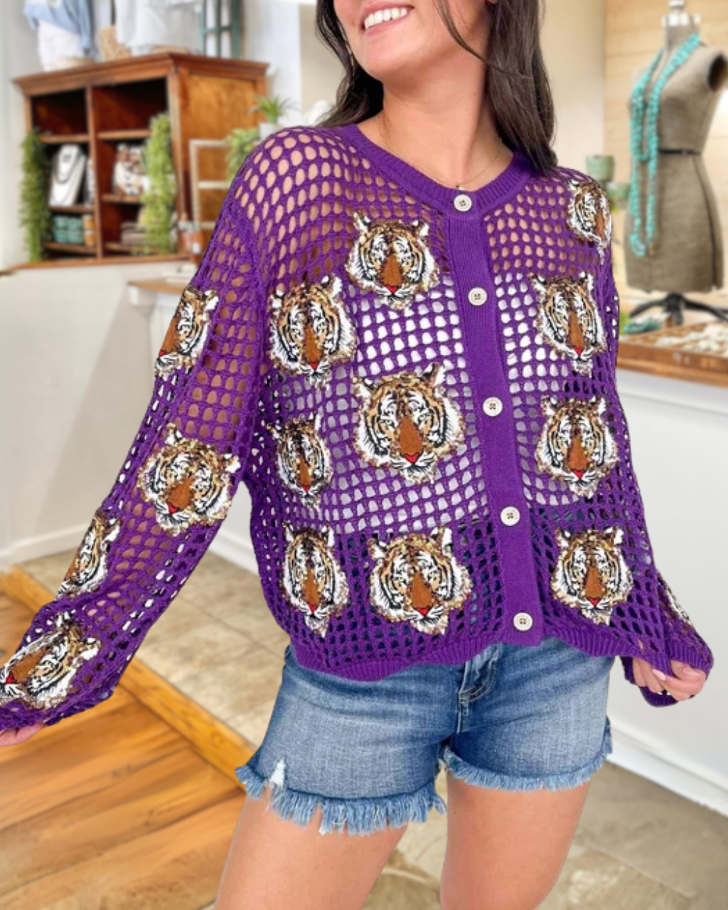 Game Day Tiger-Head Crochet Sequin Top