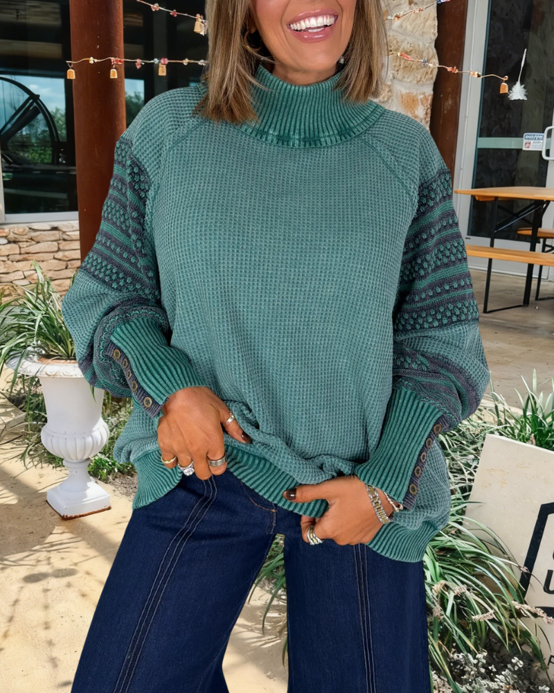 Waffle Turtleneck Ribbed Pullover