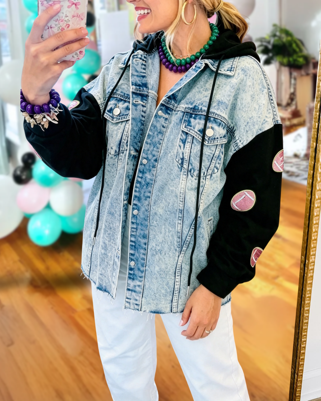 Football Sequin Patchwork Denim Jacket