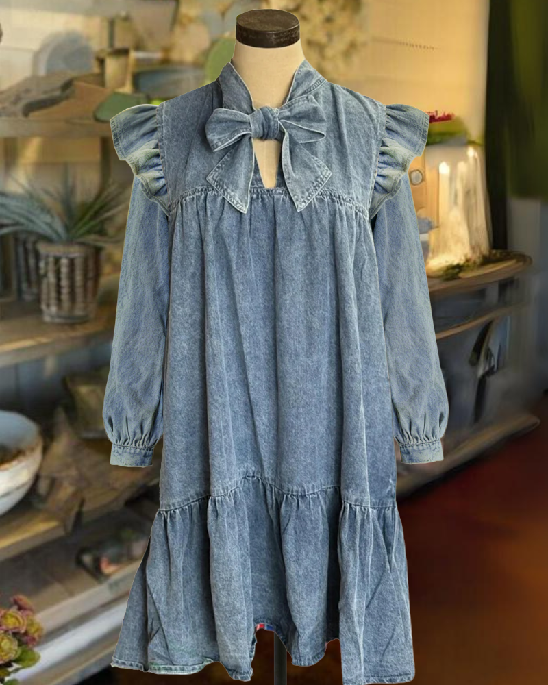 Bow Ruffled Denim Mini Dress