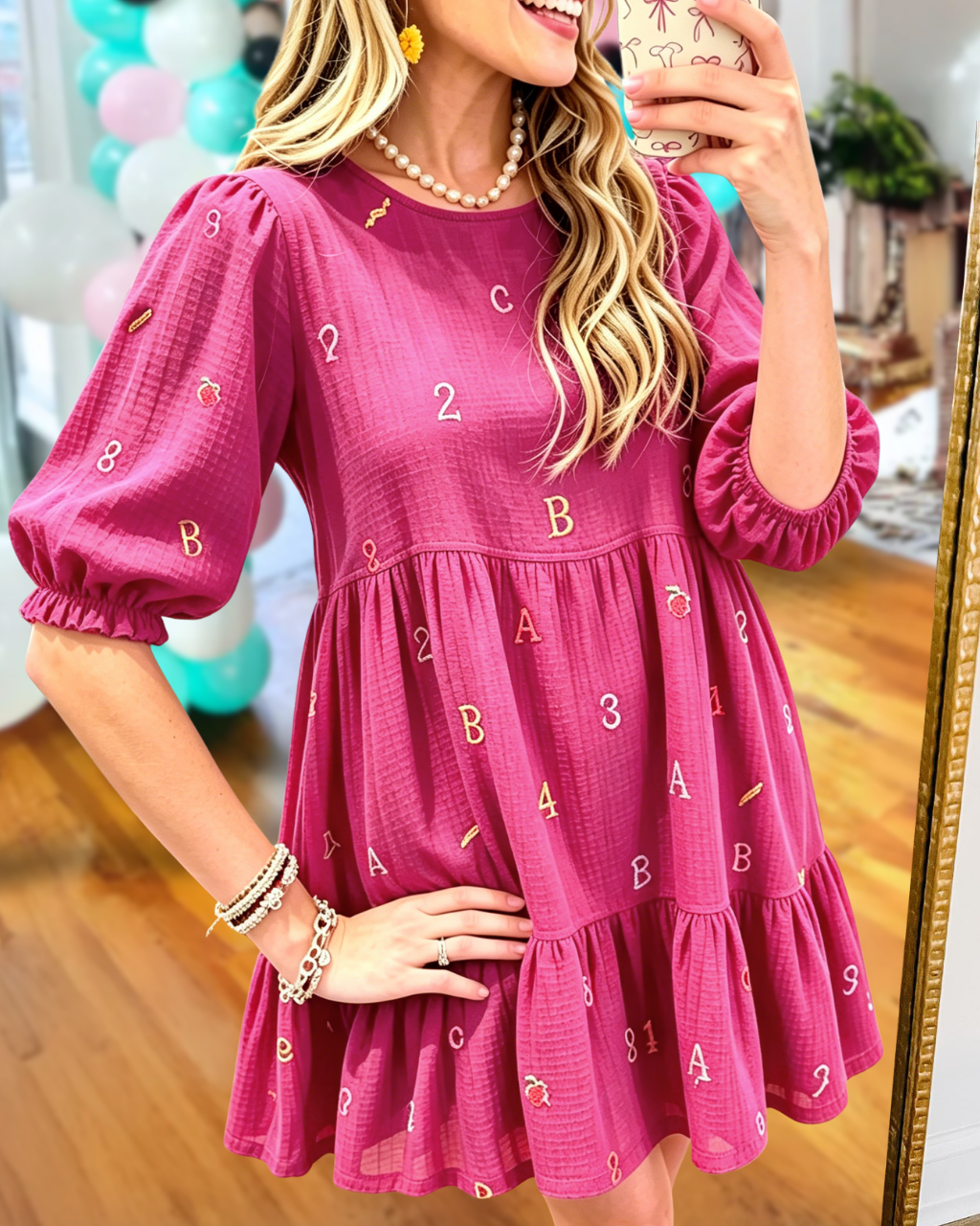 Alphanumeric Embroidered Fully Lined Dress