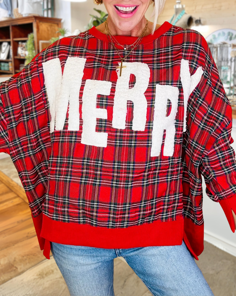 MERRY Embroidered Patch Plaid Sweatshirt