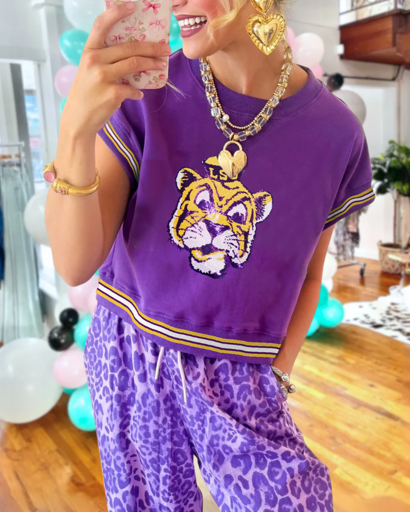 LSU Tiger Sequin Stripe Trim Top