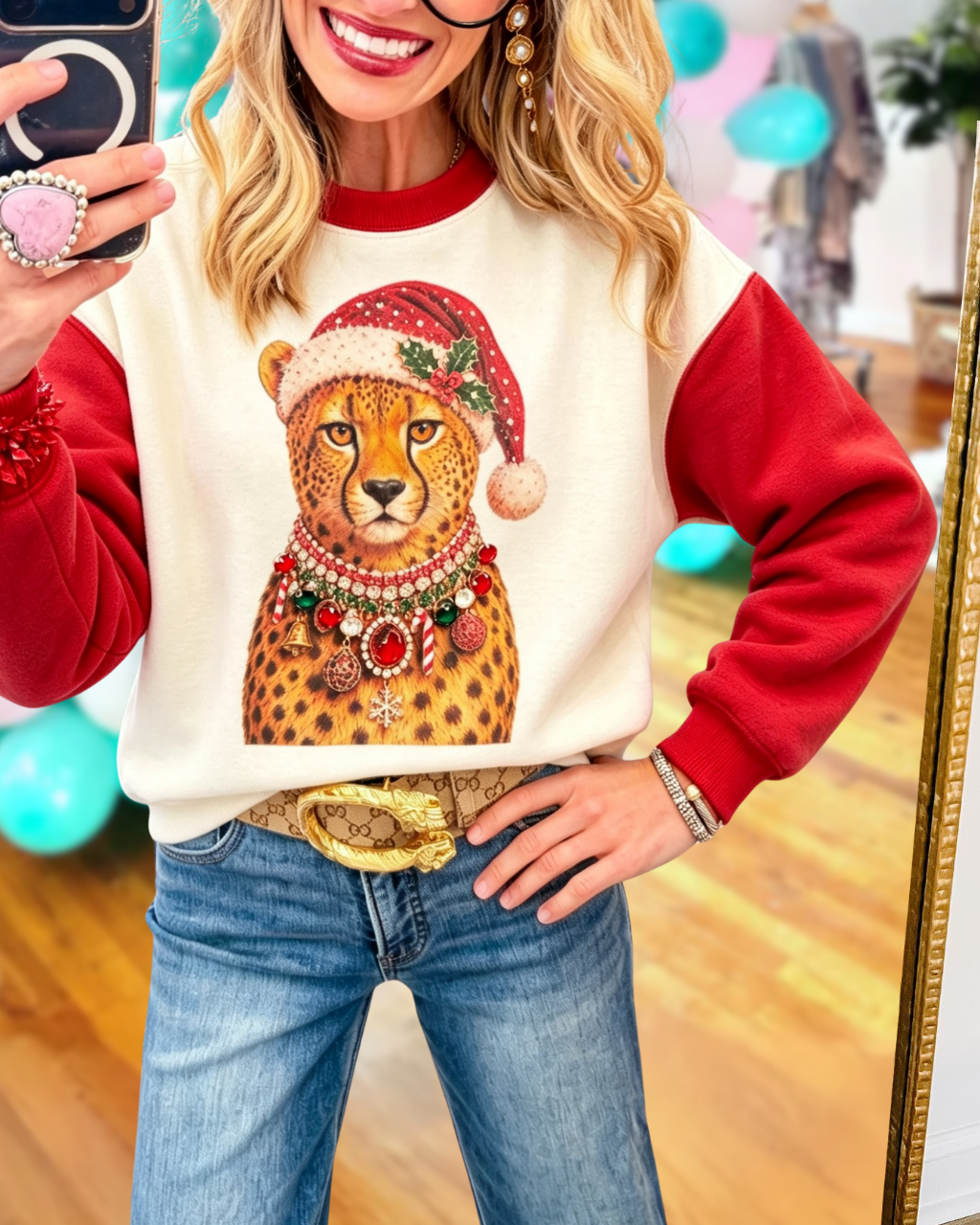 Christmas Cheetah-Print Colorblock Pullover