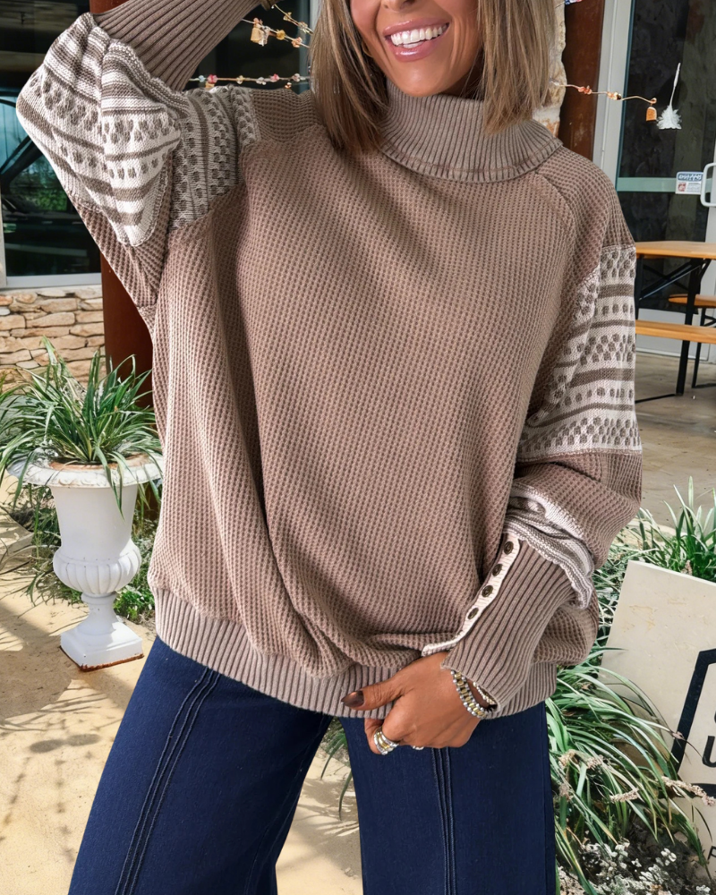 Waffle Turtleneck Ribbed Pullover