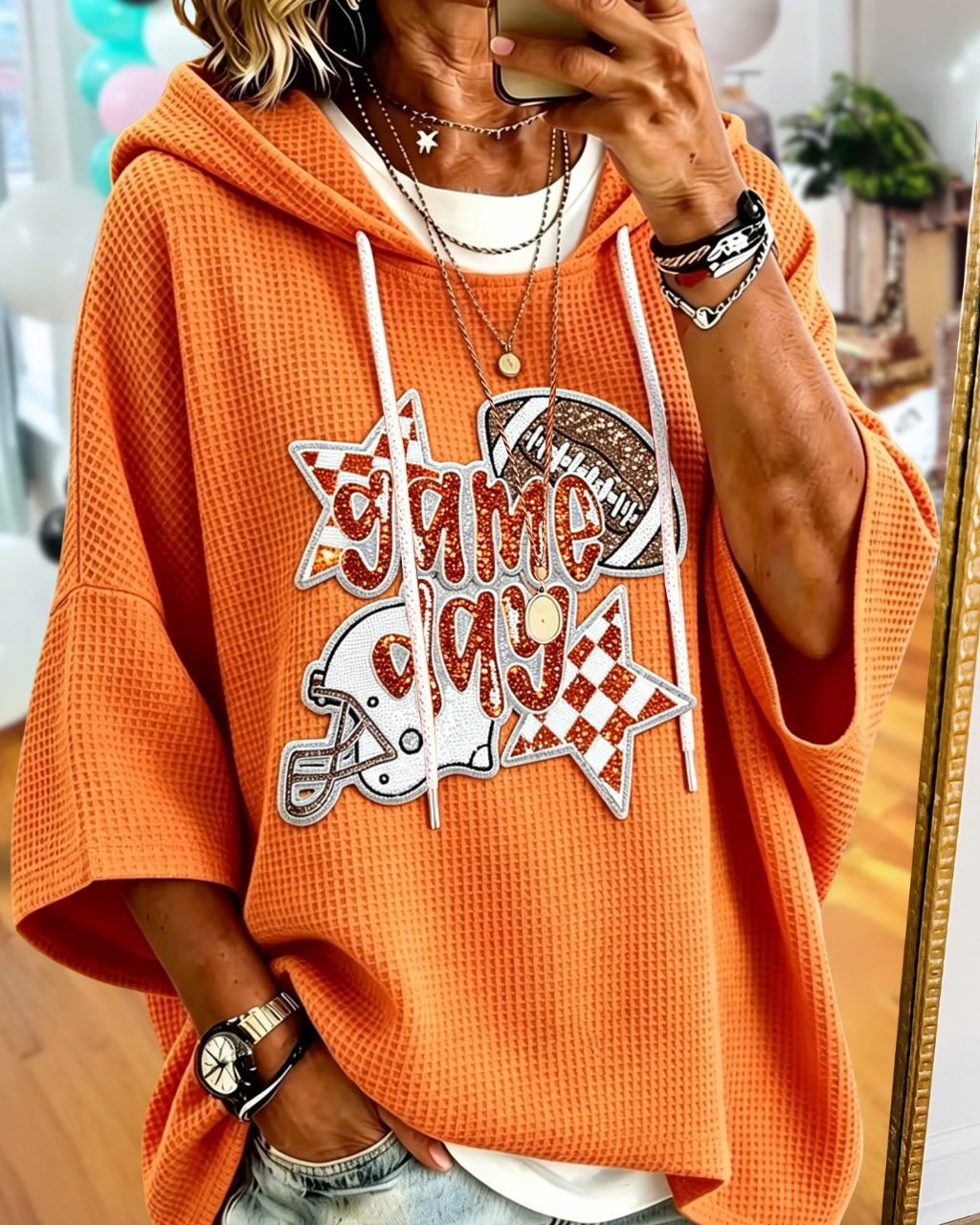 Football-themed Sequined Patch Waffle Hoodie