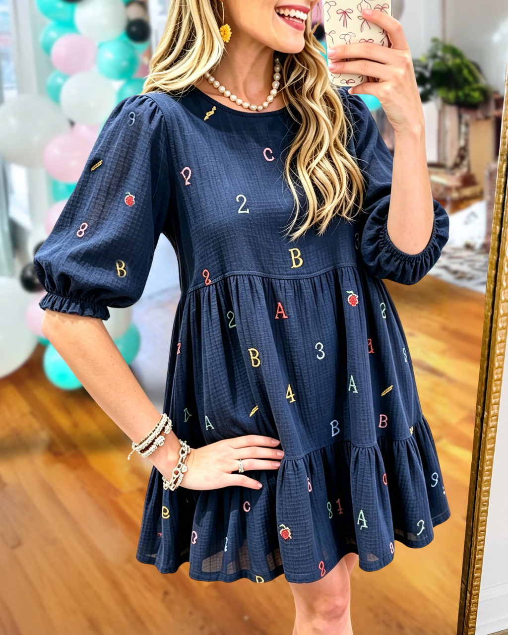 Alphanumeric Embroidered Fully Lined Dress