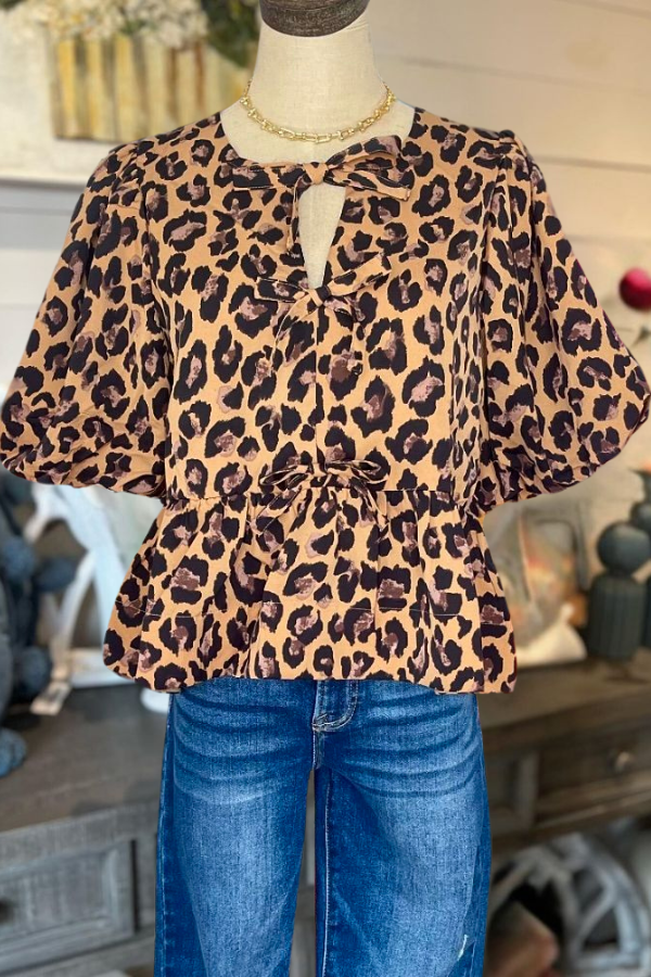 Bow Puff Sleeve Leopard Print Top