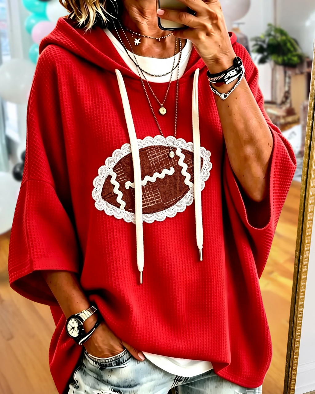 Football Embroidery Waffle Hoodie
