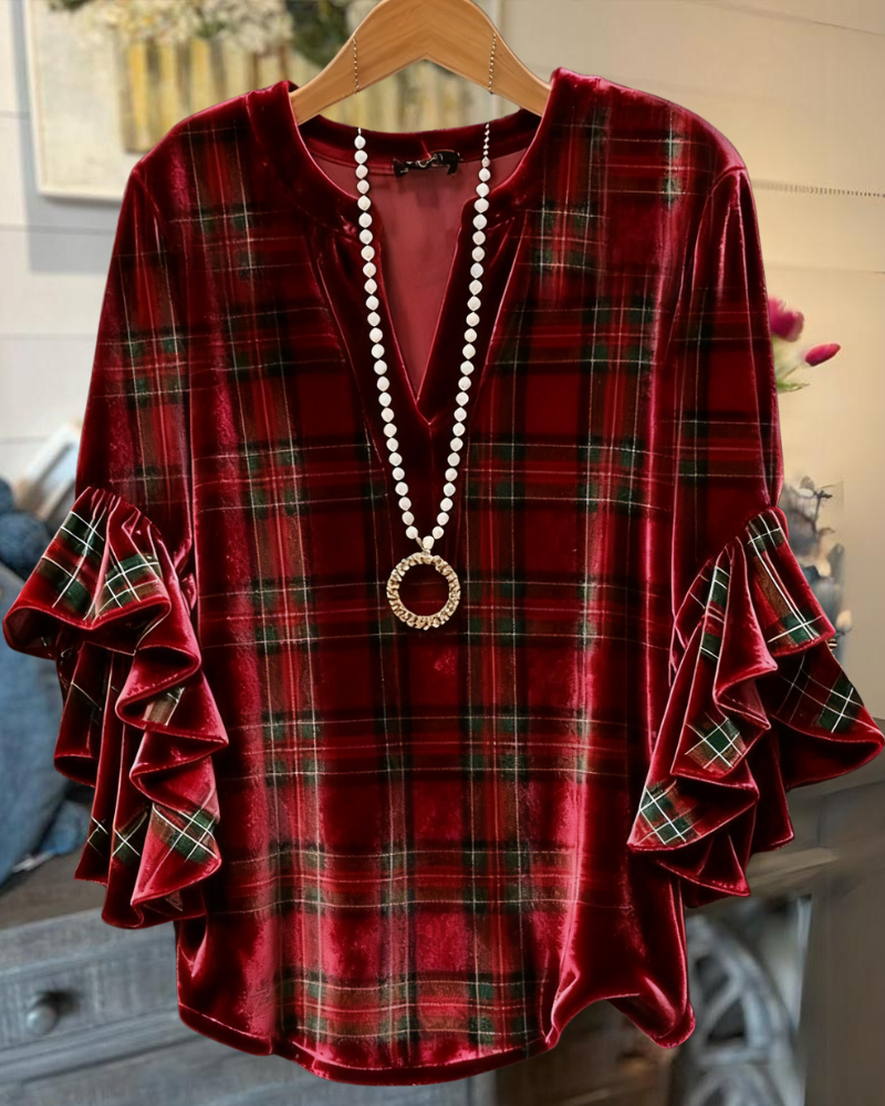 Ruffled Plaid V-neck Velvet Top