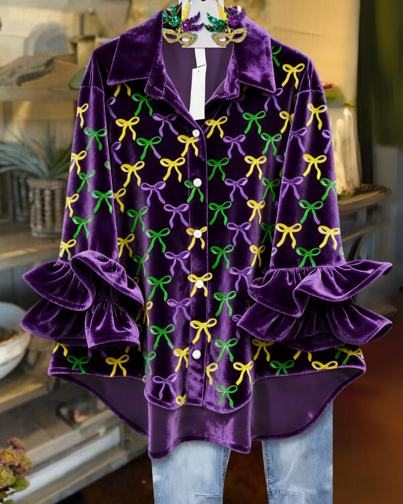 Chic Bow Ruffled Velvet Blouse